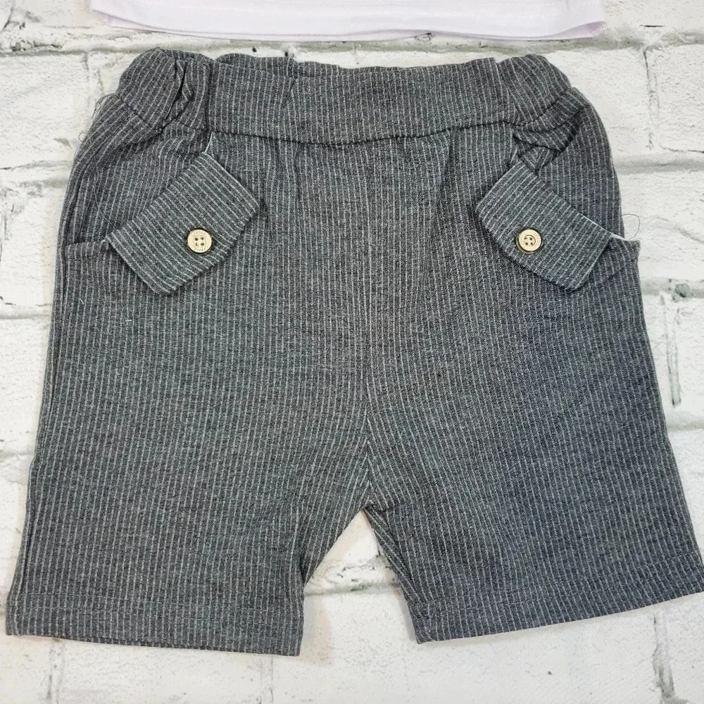 18-24M Grey Faux Suit Baby Boys 2 pcs Outfit. T-Shirt and Shorts Set.
